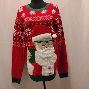 Christmas Ugly Santa Sweater Festive Red Santa Crewneck With Fun Pocket In Front